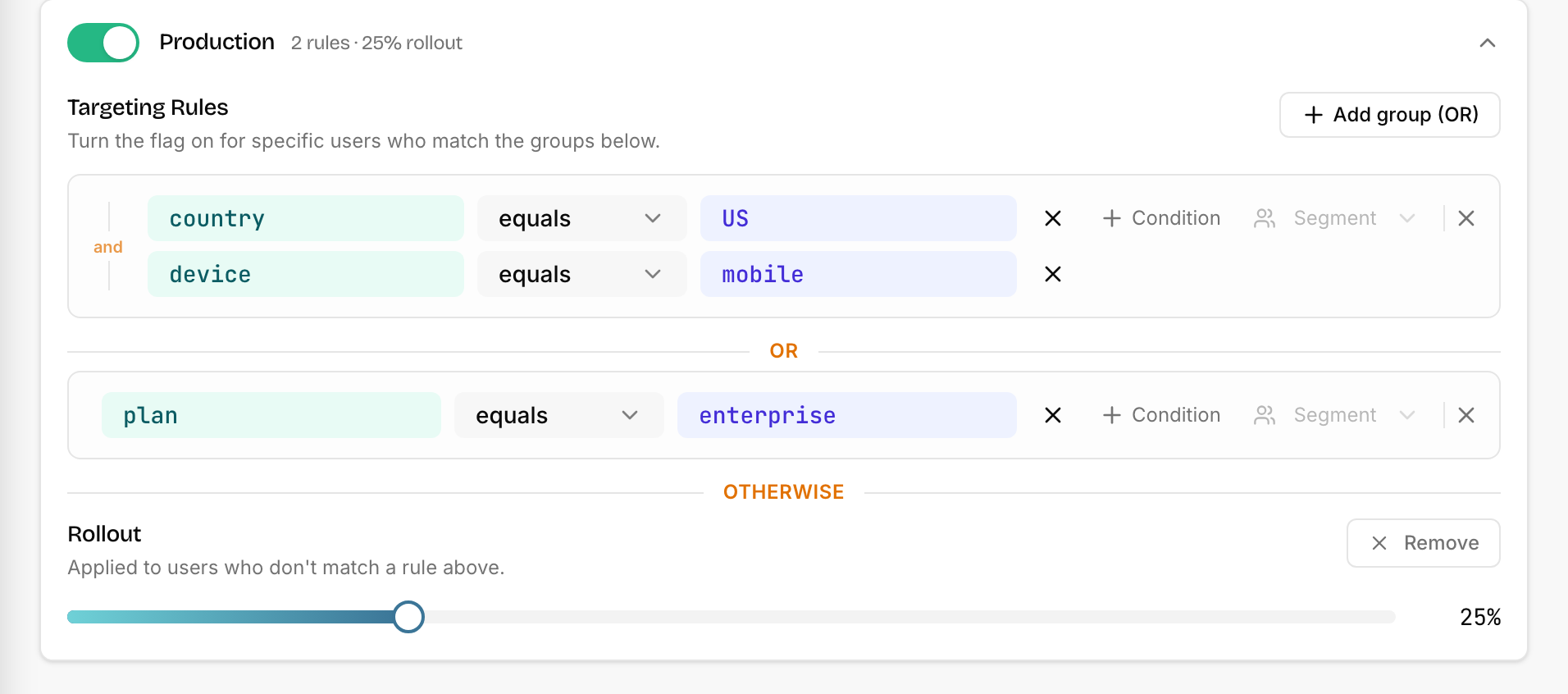 A flag's Production section: two rule groups combined with OR, and a rollout slider set to 25%