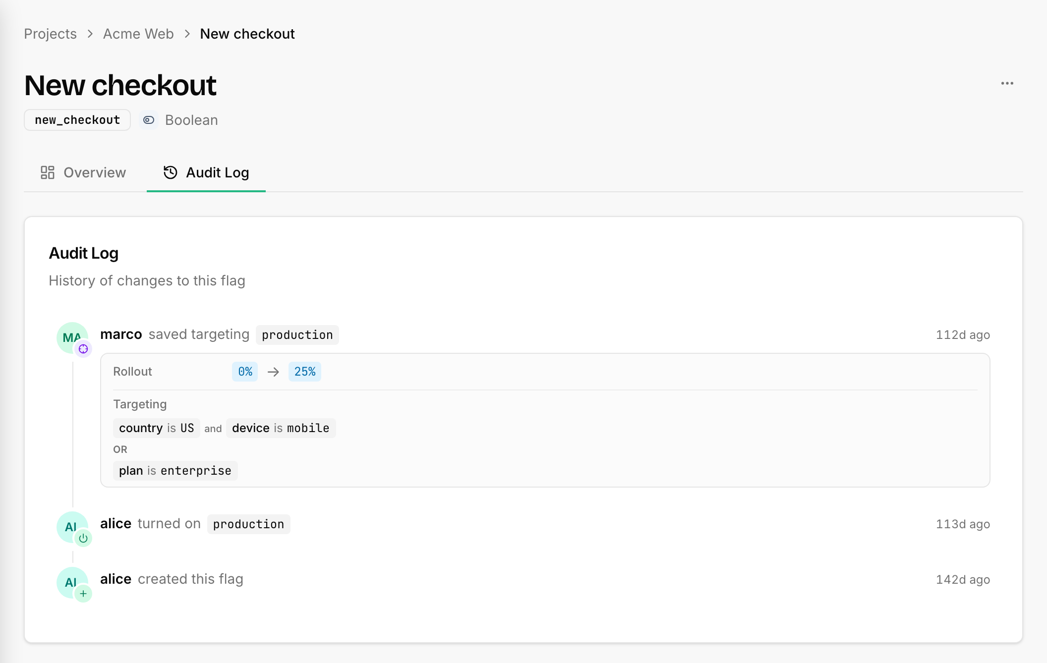 Audit log: a before→after diff